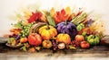 Harvest, thanksgiving day watercolor background. Festive autumn decor of ripe vegetables and fruits in vintage style Royalty Free Stock Photo