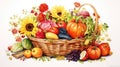 Harvest, thanksgiving day watercolor background. Festive autumn decor of ripe vegetables and fruits in vintage style Royalty Free Stock Photo