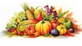 Harvest, thanksgiving day watercolor background. Festive autumn decor of ripe vegetables and fruits in vintage style Royalty Free Stock Photo