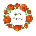 Hello autumn circular frame with orange pumpkins different shape and size.