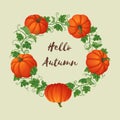 Hello autumn circular frame with orange pumpkins with vines and leaves.