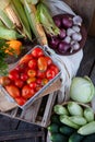 Harvest tomatoes in a basket on the table top view. Variety of summer vegetables on a wooden background. Cabbage Royalty Free Stock Photo