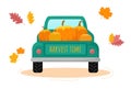 Harvest truck carrying pumpkins. Rear view. Harvest time inscription. Autumn fall concept