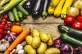 Harvest a variety of ripe vegetables from fresh cucumbers, tomatoes, eggplants, zucchini, onions, garlic, potatoes, carrots Royalty Free Stock Photo