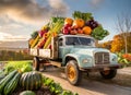 Harvest Various types of vegetables and fruit, on classic truck