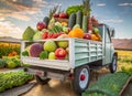 Harvest Various types of vegetables and fruit, on classic truck