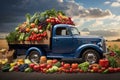 harvest Various types of vegetables and fruit, on classic truck