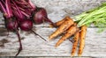 Harvest vegetables in the form of bunches of carrots and beets on boards