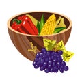 harvest in a wooden bowl pepper banana grapes corn cob on kwanzaa illustration on a white background hand drawn