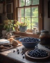 The harvested blueberries are placed in a bowl in the kitchen.