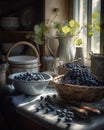 The harvested blueberries are placed in a bowl in the kitchen.