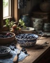 The harvested blueberries are placed in a bowl in the kitchen.