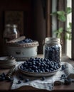 The harvested blueberries are placed in a bowl in the kitchen.