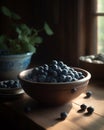 The harvested blueberries are placed in a bowl in the kitchen.