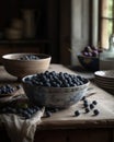 The harvested blueberries are placed in a bowl in the kitchen.