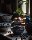 The harvested blueberries are placed in a bowl in the kitchen.