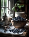 The harvested blueberries are placed in a bowl in the kitchen.