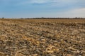 Harvested corn field outside of a small town Royalty Free Stock Photo