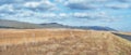 Harvested farm land beside a highway on cloudy day. Empty wheat field against a blue sky horizon. Rural agriculture with Royalty Free Stock Photo