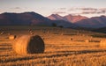 Harvested Field with Hay Bales Under Mountains Royalty Free Stock Photo