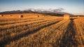 Harvested Field with Hay Bales Under Mountains Royalty Free Stock Photo