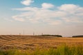 Harvested fields with cut straw and electivity power line columns in summer warm sunset evening light Royalty Free Stock Photo