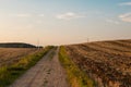 Harvested fields with cut straw and electivity power line columns in summer warm sunset evening light Royalty Free Stock Photo