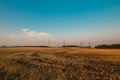 Harvested fields with cut straw and electivity power line columns in summer warm sunset evening light Royalty Free Stock Photo