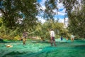 Harvested fresh olives in sacks in a field in Crete, Greece.