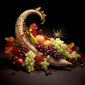 Harvested fruits, grapes, apples, bananas on black background. Thanksgiving for the harvest Royalty Free Stock Photo