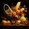 Harvested fruits, grapes, apples, bananas on black background. Thanksgiving for the harvest Royalty Free Stock Photo