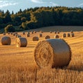Harvested gold Hay bales punctuate the picturesque agricultural scenery