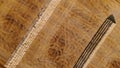 Harvested grain field. The straw is collected in a roll and stacked in a pyramid in stacks. Aerial photography