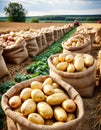 Harvested Potatoes in Burlap Sacks Royalty Free Stock Photo