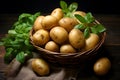 Harvested potatoes in wooden basket