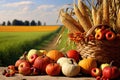 Harvested vegetables and fruits on a wooden table in front of a field, Basket Of Pumpkins, Apples And Corn On Harvest Table With Royalty Free Stock Photo