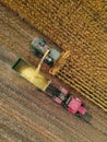 Harvester agriculture Combine machine harvesting golden ripe corn field. Agriculture background. From above. Aerial view Royalty Free Stock Photo