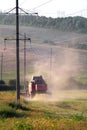 Harvester combine autumn graine wheat farmer worker plantation technology green field