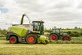 Harvester cutting field, loading Silage into a Tractor Trailer Royalty Free Stock Photo
