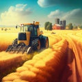 Harvester harvesting wheat in a sunny field. Generative AI