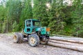 Harvester, heavy forestry vehicle tractor with chains on wheels, next to the cut tree logs in Tatra Mountains, Poland Royalty Free Stock Photo