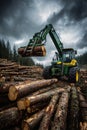 Harvester lifting and loading cut-down trees into a log pile. Generative AI. Royalty Free Stock Photo