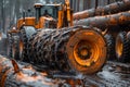 Harvester log loader operating in outdoor manufacturing yard for pine wood processing and treatment Royalty Free Stock Photo