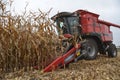 Harvester mows ripe corn in the field