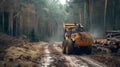 The harvester working in forest. Harvest of timber. Firewood as a renewable energy source. Agriculture and forestry Royalty Free Stock Photo