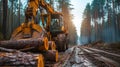 The harvester working in forest. Harvest of timber. Firewood as a renewable energy source. Agriculture and forestry Royalty Free Stock Photo