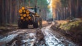 The harvester working in forest. Harvest of timber. Firewood as a renewable energy source. Agriculture and forestry Royalty Free Stock Photo