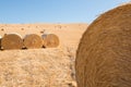 Harvestimg in Tuscany, Italy. Stacks of hay on summer field. Hay and straw bales in the end of summer Royalty Free Stock Photo