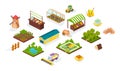 Harvesting and agriculture isometric set. Agricultural machines, fields harvest, local market stall