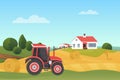 Harvesting in autumn landscape, modern farm tractor on wheat field with haystack, house